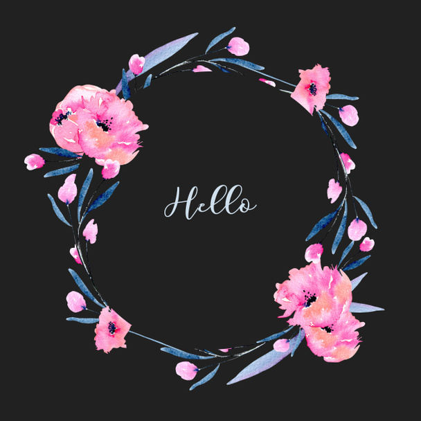 Papoilas rosa aquarela e ramos florais borda armação círculo, mão desenhada em um fundo escuro, para cartões festivos
  - Foto, Imagem