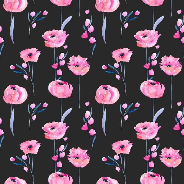 Watercolor pink poppies and floral branches seamless pattern, hand drawn on a dark background - Foto, Bild
