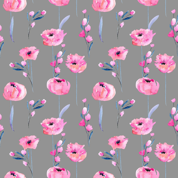 Akwarela różowe Maki i oddziałów kwiatowy wzór, ręcznie rysowane na szarym tle - Zdjęcie, obraz