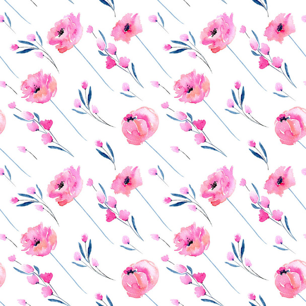 Vesiväri vaaleanpunainen unikot ja kukka oksat saumaton kuvio, käsin piirretty valkoisella pohjalla
 - Valokuva, kuva