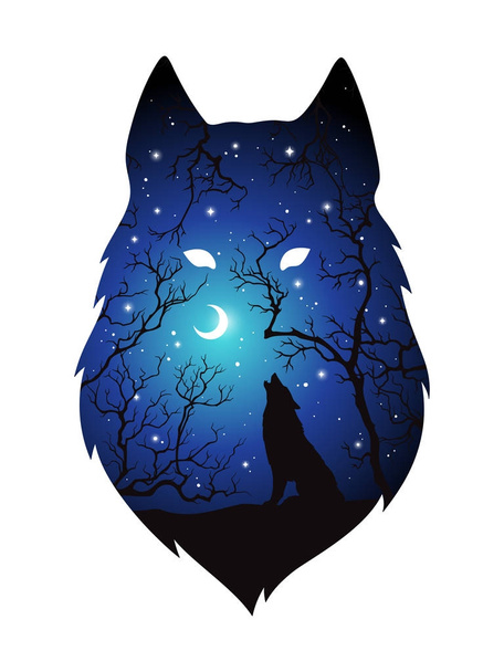 Doble exposición silueta de lobo en el bosque nocturno, cielo azul con luna creciente y estrellas aisladas. Etiqueta engomada, impresión o tatuaje diseño vector ilustración. Tótem pagano, arte del espíritu familiar wiccan
 - Vector, imagen