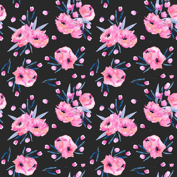 Watercolor pink poppies bouquets seamless pattern, hand drawn on a dark background - Photo, Image