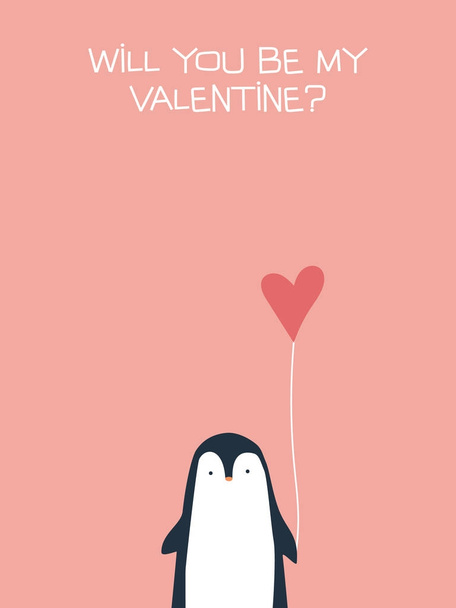 Plantilla de vector de tarjeta de San Valentín con lindo, adorable pingüino celebración de corazón. Romántico, encantador fondo de dibujos animados
. - Vector, Imagen