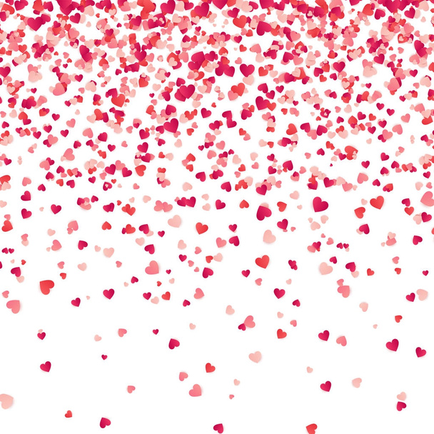 Heart confetti. Valentines, Womens, Mothers day background with falling red and pink paper hearts, petals. Greeting wedding card. February 14, love.White background. - Vector, imagen