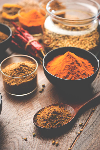 Indian colourful spices. Group photo of four basic Indian spices like raw red chilli, turmeric, coriander and cumin powder. selective focus - Fotó, kép