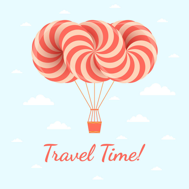 Travel time illustration. Vector postcard with airship on blue sky - Vektor, kép