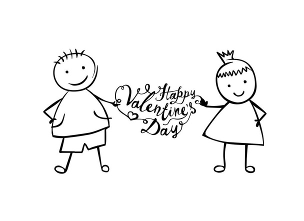 Happy Valentine's Day. Linear boy and girl - Vector, imagen