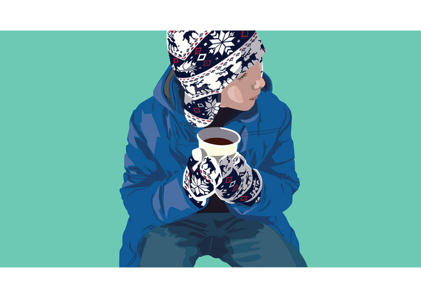 vetor menino de cor em luvas e chapéu de lã, imagem de cor vetorial de um menino em luvas e chapéu de lã com chá no inverno no fundo mentol
 - Vetor, Imagem