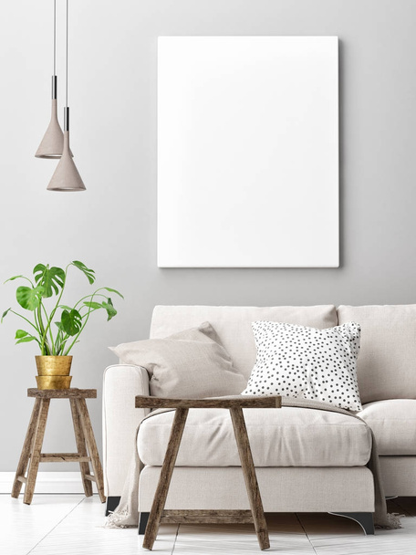 Living room concept design with mock up poster, 3d render, 3d illustration - Zdjęcie, obraz
