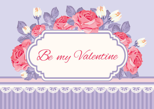 Shabby chic background, roses with Be my Valentine sample text in vintage frame. Floral card template. Vector illustartion - Wektor, obraz