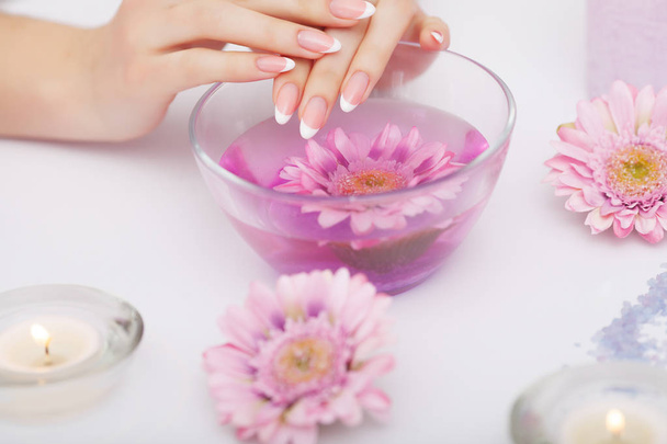 Spa Manicure. Woman Hands With Perfect Natural Healthy Nails Soa - Fotoğraf, Görsel