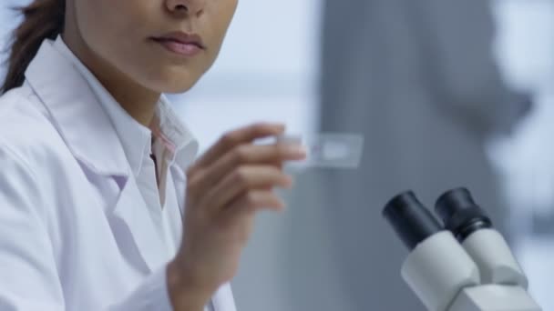 4K Close up of medical researcher in the lab looking at a slide under microscope - Footage, Video