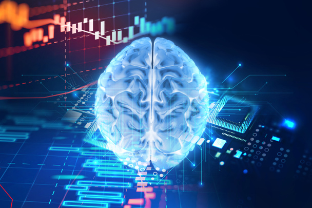 3D-Illustration des menschlichen Gehirns auf technologischem Hintergrund. - Foto, Bild