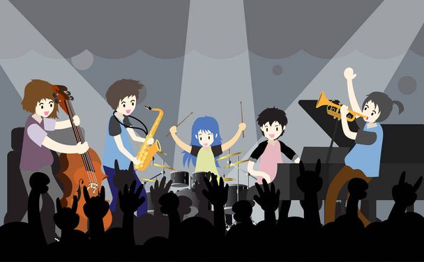 De band van de muzikanten op het podium, jazz. Pop, Rock, Blues, Metal - Vector, afbeelding