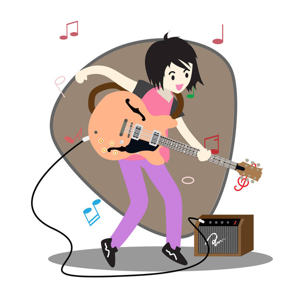 Joven tocando el piano Happy Love música Diseño de personajes de fondo vector de ilustración en estilo de dibujos animados
 - Vector, Imagen