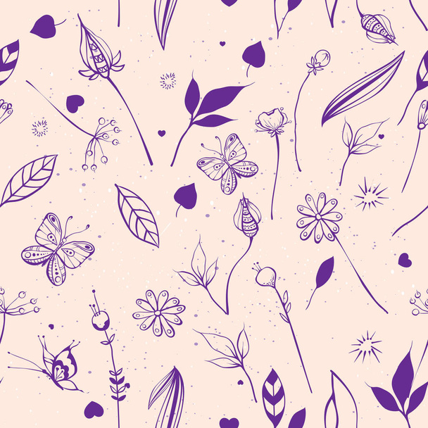Summer nature flowers, leaves, berries, butterflies. Seamless abstract background - Вектор,изображение