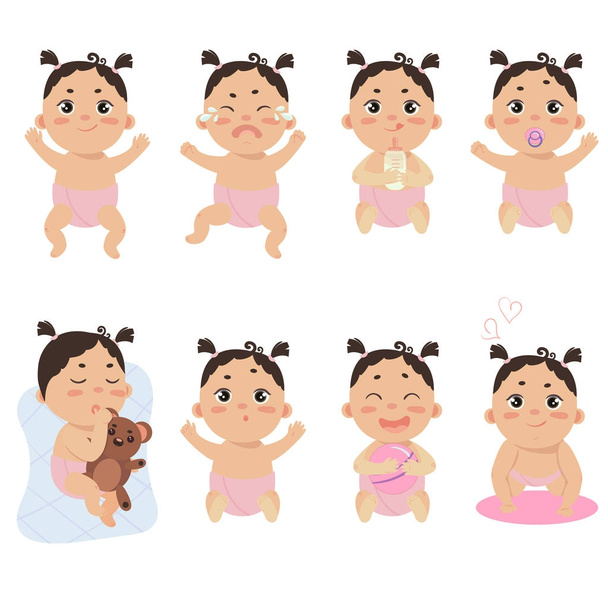 Lindo bebé en pañal con diferentes emociones
 - Vector, Imagen