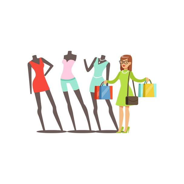 Young woman choosing clothes on mannequins in a shopping mall vector illustration - Vector, Image