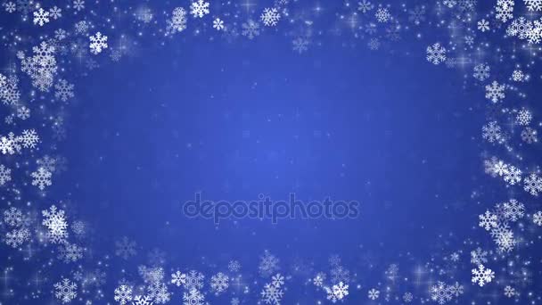 Μπλε φόντο με νιφάδες χιονιού και λαμπερό σωματίδια - Πλάνα, βίντεο
