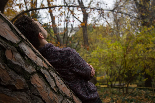 Невпізнаваний чоловік стоїть в лісі і спирається на стовбур дерева, дивлячись на хмарне небо
.  - Фото, зображення