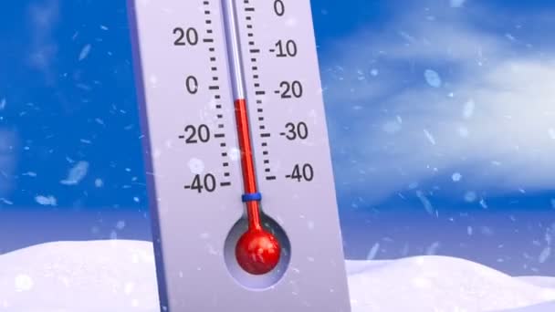 A hőmérő, a háttérben a hó olvadása, és nő a fű. 3D-leképezés. - Felvétel, videó