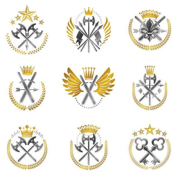 Vintage Weapon Emblems set. Heraldic signs vector vintage elements collection. - Vector, afbeelding