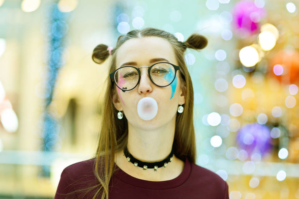 Pink: Girl Blowing Big Bubble with Copyspace - Photo, Image