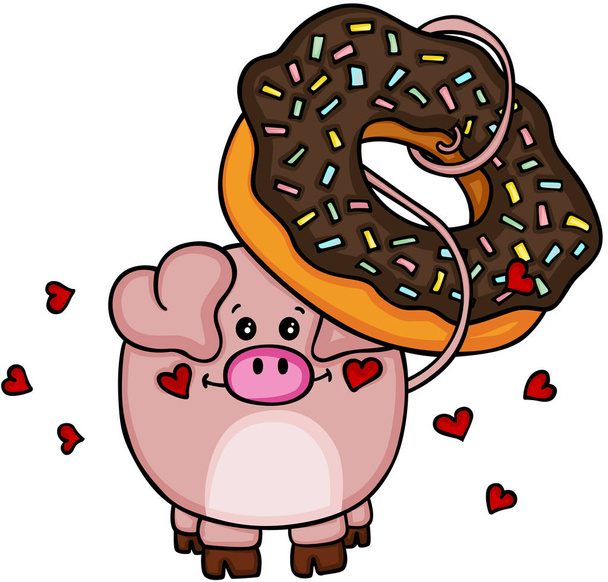 Pig with chocolate donut - Vector, Image