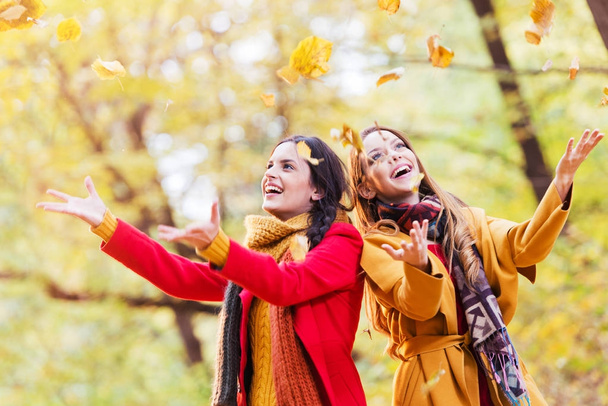 Dos hermosas mujeres jóvenes arrojando hojas en un parque, disfrutando
 - Foto, imagen