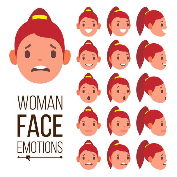 Woman Emotions Vector. Handsome Face Female. Cute, Joy, Laughter, Sorrow. Girl Avatar Psychological Portraits. Isolated Flat Cartoon Illustration - Vektor, Bild