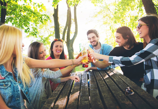 Group of young people cheering, drinking from bottles outdoors - Photo, Image