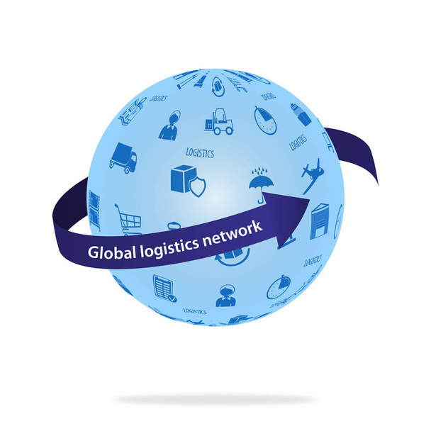 Concetto di rete logistica globale. Sfera con icone logistiche e nastro blu intorno alla sfera
. - Vettoriali, immagini
