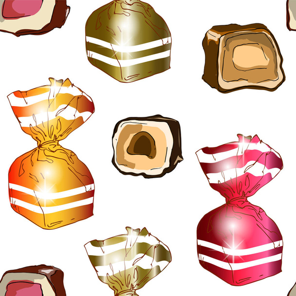 Безшовний візерунок яскравих цукерок в обгортках
  - Вектор, зображення