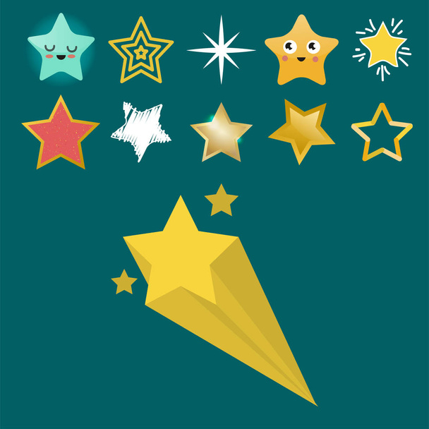 Iconos de estrellas brillantes en diverso estilo puntiagudo pentagonal oro premio diseño abstracto doodle noche símbolo artístico vector ilustración
. - Vector, Imagen