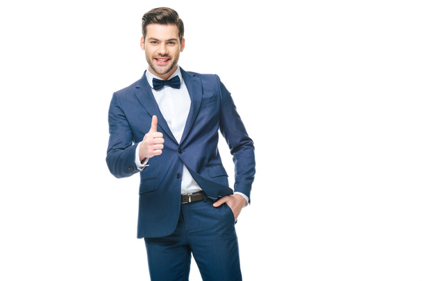 portrait of smiling man in suit showing thumb up isolated on white - Foto, Imagem