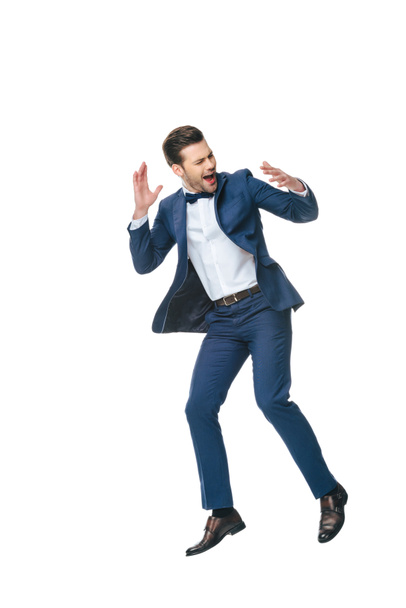 excited man in suit jumping isolated on white - Foto, Imagem