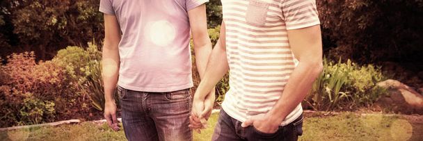 Smiling gay couple walking hand in hand in garden - Foto, Imagen