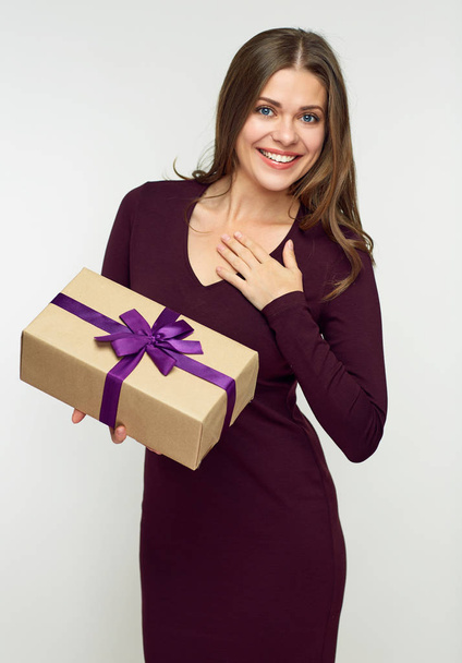 Happy woman holding gift box. - Foto, Imagem