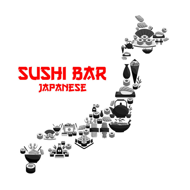 Ιαπωνικά τροφίμων σε χάρτη της Ιαπωνίας με Θαλασσινά Σούσι - Διάνυσμα, εικόνα