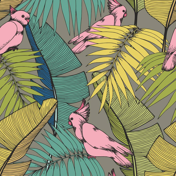 Tropical plants and parrots. Vector seamless pattern - Вектор, зображення
