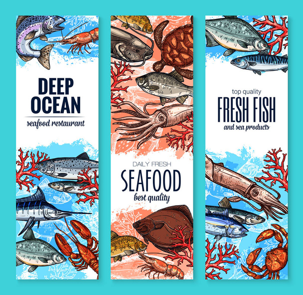 Vector banners of seafood fish products sketch - Vector, Image