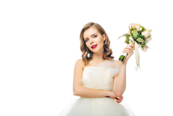 portrait of beautiful bride with wedding bouquet in hand isolated on white - Fotoğraf, Görsel