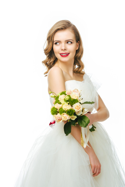 portrait of beautiful smiling  bride with wedding bouquet isolated on white - Zdjęcie, obraz