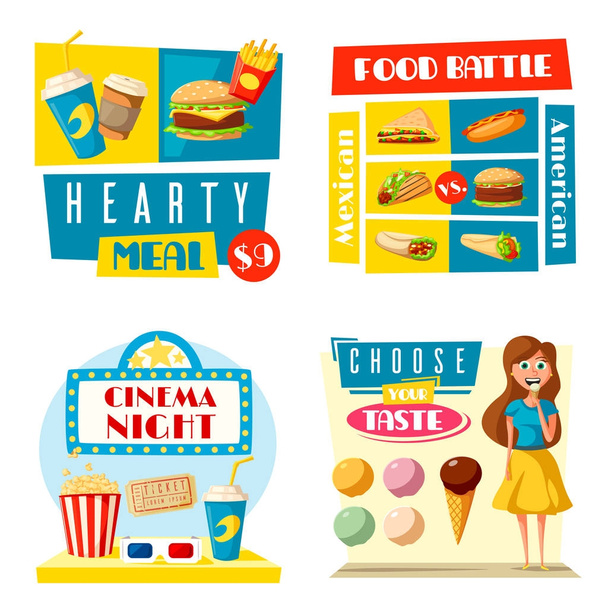 Barra de cine de comida rápida bistro vector afiches planos
 - Vector, imagen
