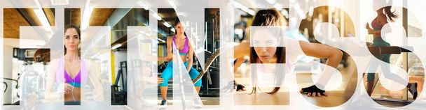 Collage-Fotos von Menschen, die im Fitnessstudio trainieren, Fitness-Schriftzug - Foto, Bild