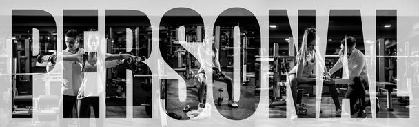 collage photos of people training in gym, PERSONAL lettering, black and white  - Photo, Image