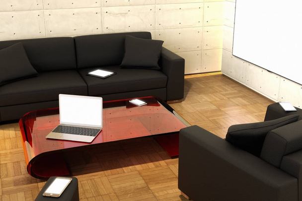 oturma odasında birden çok ekran 3D render - Fotoğraf, Görsel