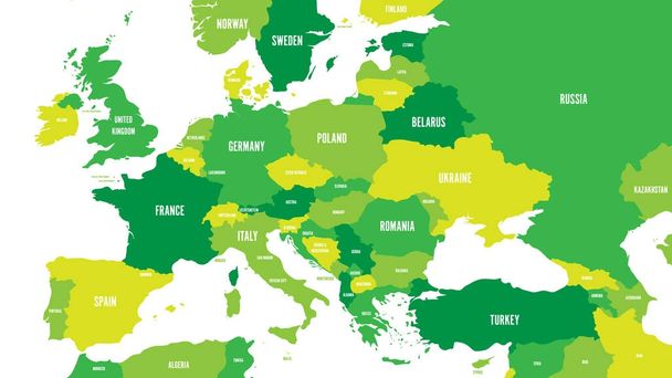 Politická mapa Evropy a kavkazské oblasti v odstínech zelené na bílém pozadí. Jednoduchý plochý vektorové ilustrace - Vektor, obrázek