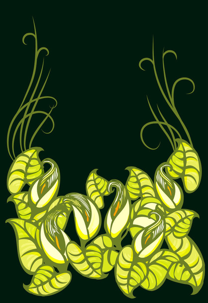 Ornament of lilies and leaves. Vector illustration of Calla lilies. - Vektör, Görsel