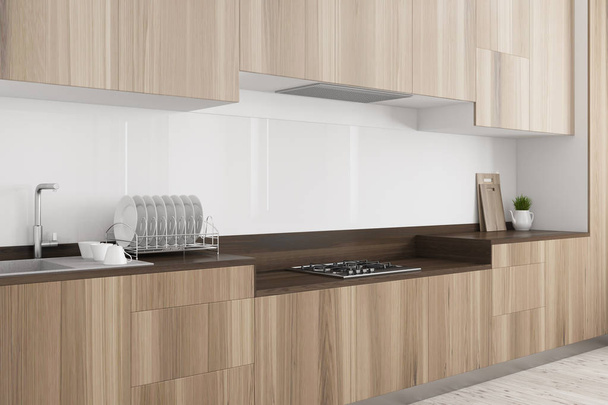White kitchen, dark wooden countertop side - Photo, Image